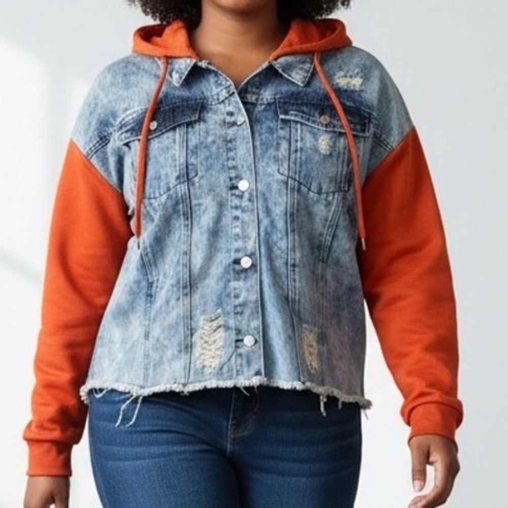 Thrill Jeans 3X Acid Wash Distressed Denim Jacket Hooded Fleece streetwear
